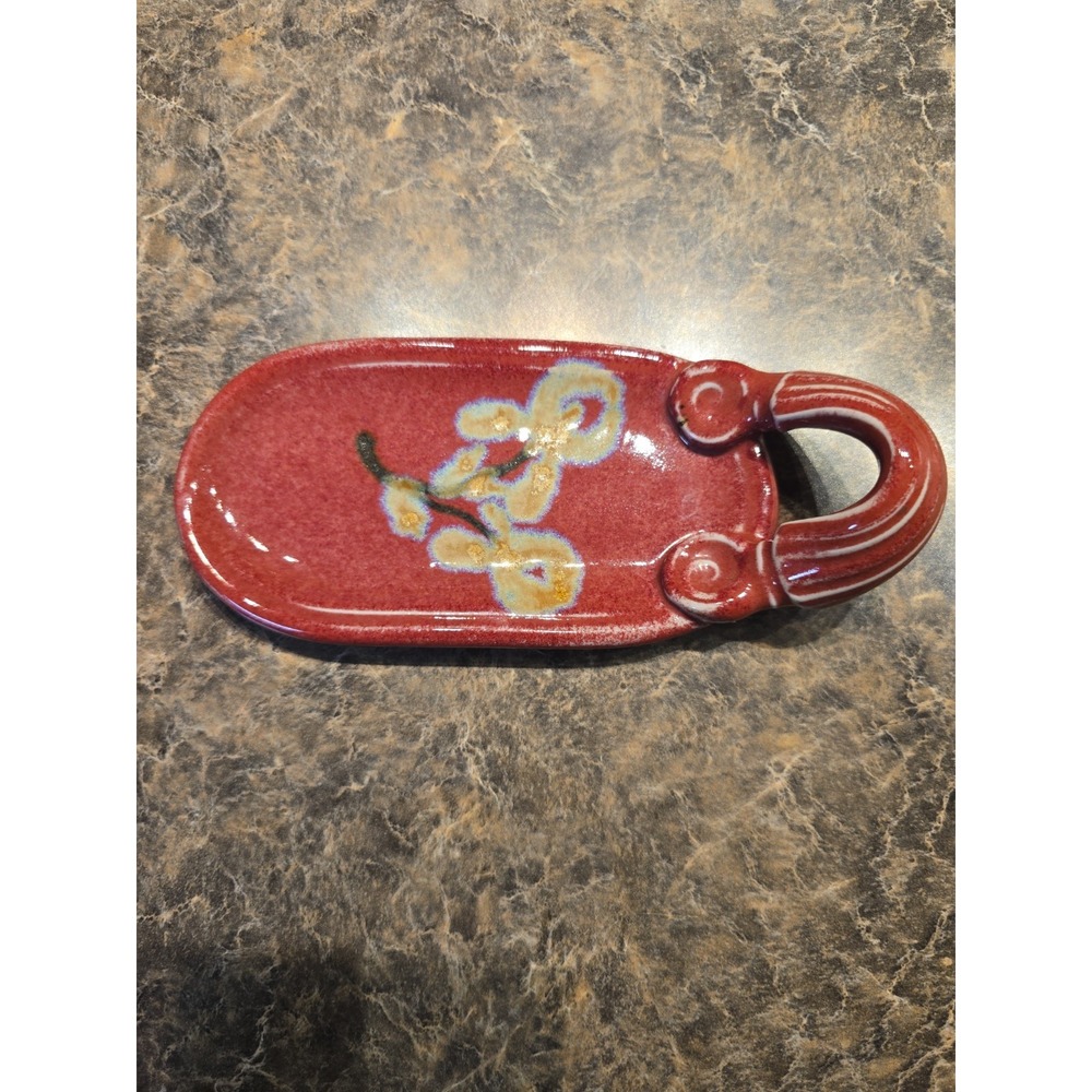 Vintage Handcrafted Pottery Tray Signed by Bonnie Sargent | Red Floral Art Glaze